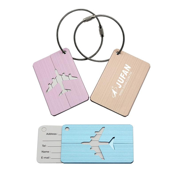 Brushed Metal Luggage Tag With Aeroplane Design